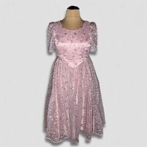 Vintage Princess Fairy Dress Puffy Short Sleeves Rose Floral Lace Baby Pink XL